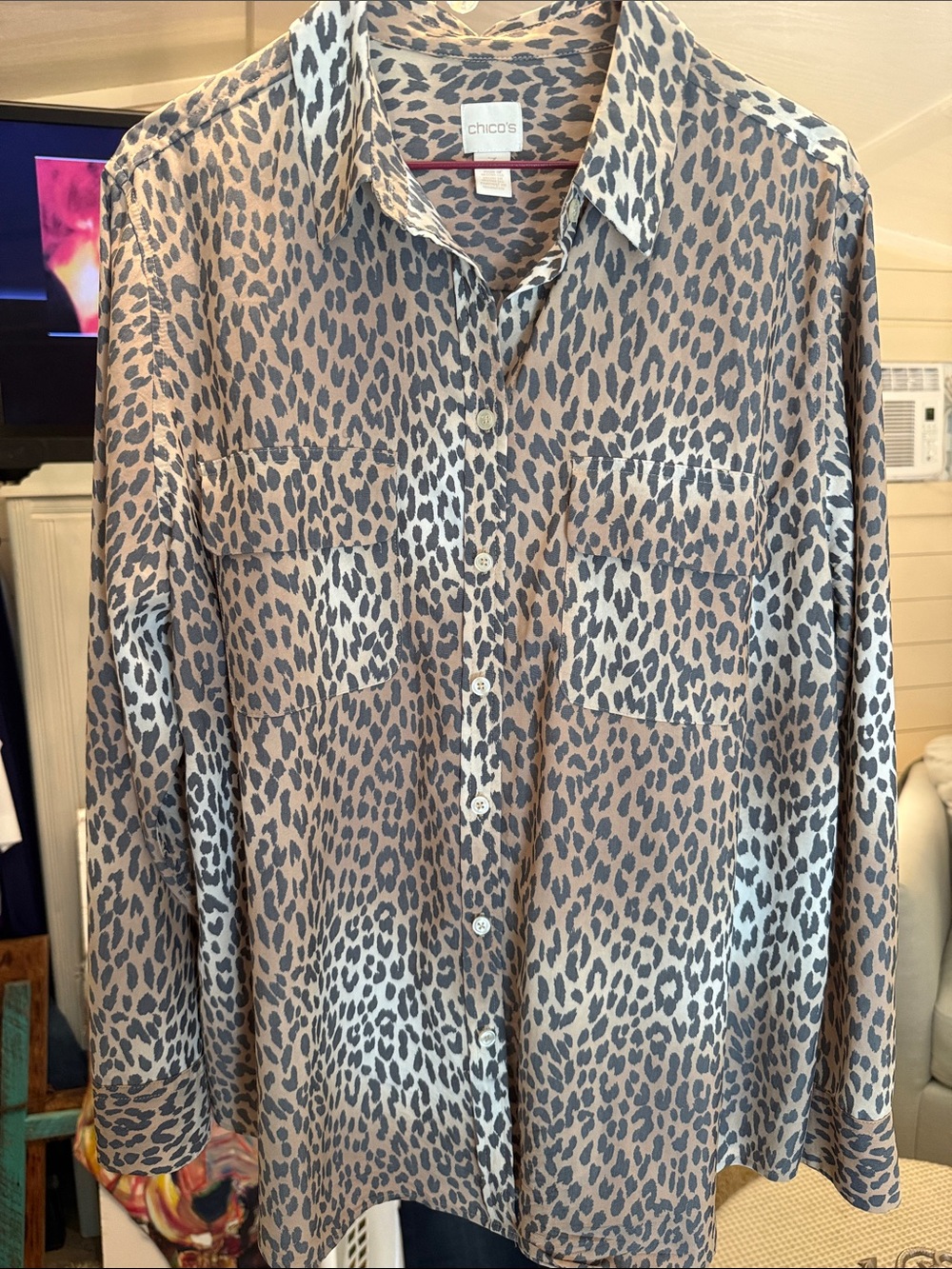 Chico's Taupe and Gray Leopard Print Button-Down Shirt